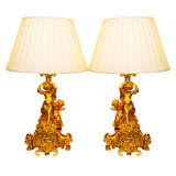 19thc bronze dore cherub lamps