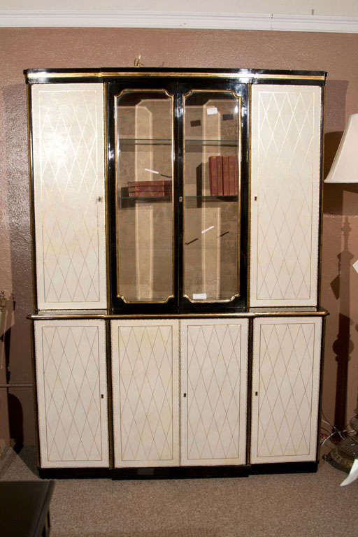 Ebonized & Leather China Cabinet Stamped Jansen