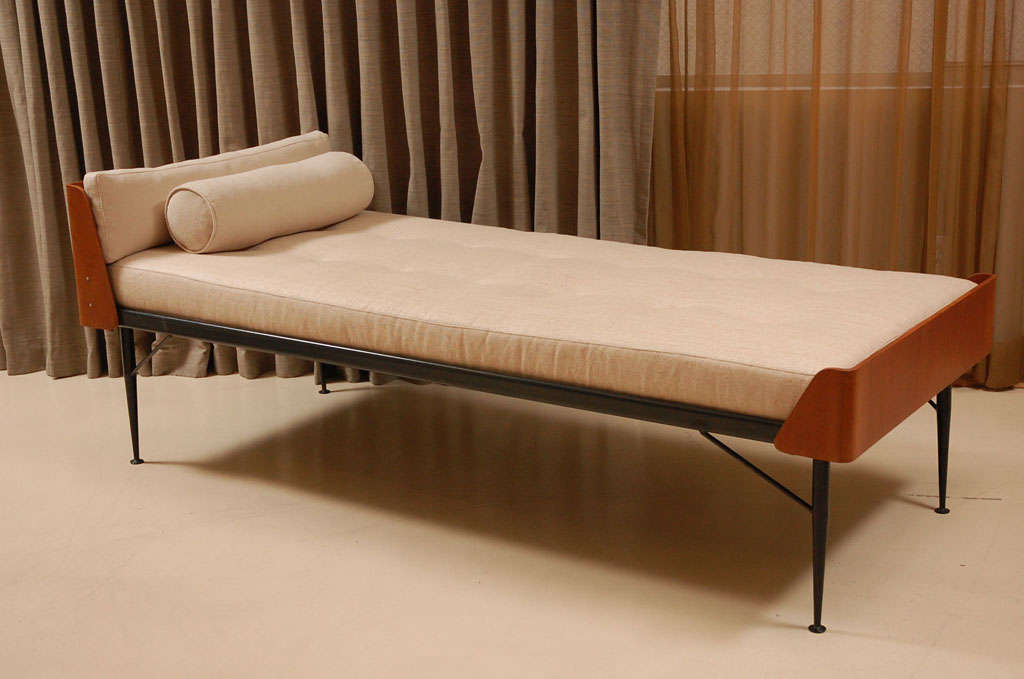 1960's teak and steel daybed by Friso Kramer.  New belgian cushions and roll pillow.