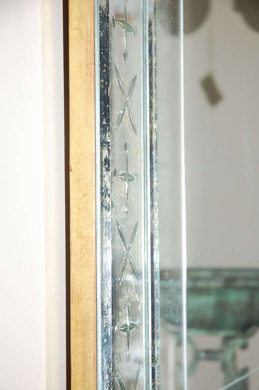 American Antiqued and Etched Mirror on Gilded Frame
