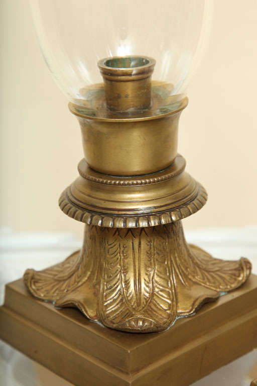 Bronze Pair of Hurricane Glass Table Lamps