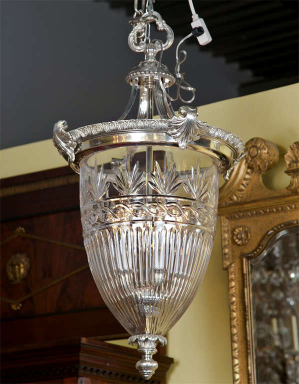 Finely chased silvered bronze cut glass lantern in the manner of Caldwell.