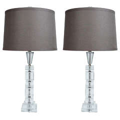1940's Cross Hatched Cut Crystal Table Lamps