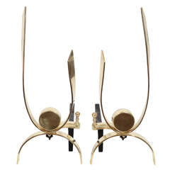 Pair of Modernist Brass Andirons with 'U' Shape design