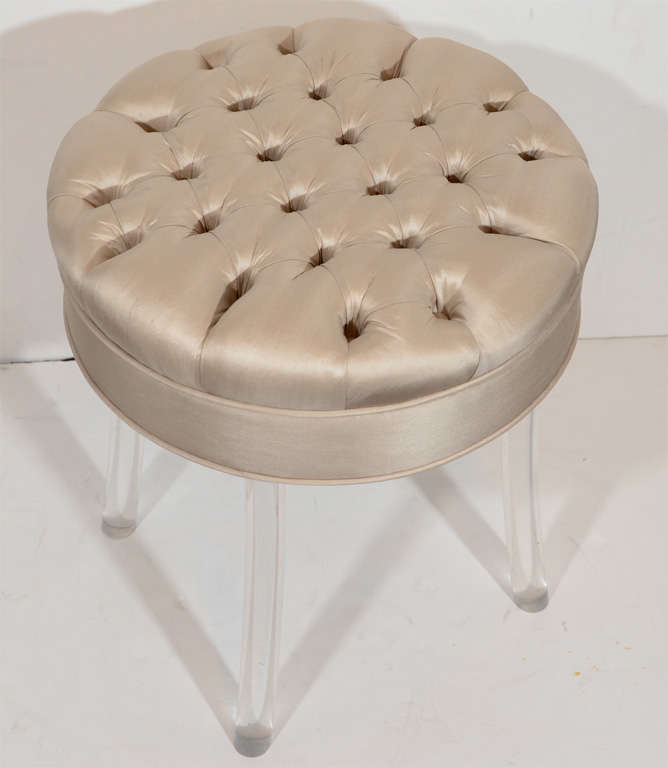 Lucite Legs & Tufted Silk Upholstery from scalamdre in silver. Newly upholstered.