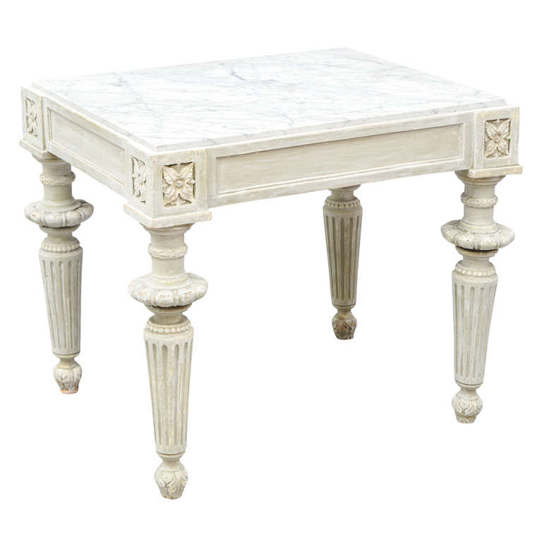 Carved Wood Louis XVI Style Accent Table with White Marble Top