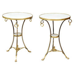 Pair of 19c. Steel and Bronze Gueridons with White Marble Tops