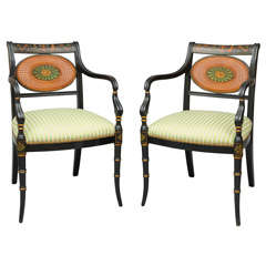 Pair of Regency Style Armchairs with Caned Medalian Backrest