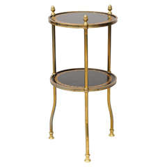 Two Tiered Brass Accent Table with Tooled Leather Top