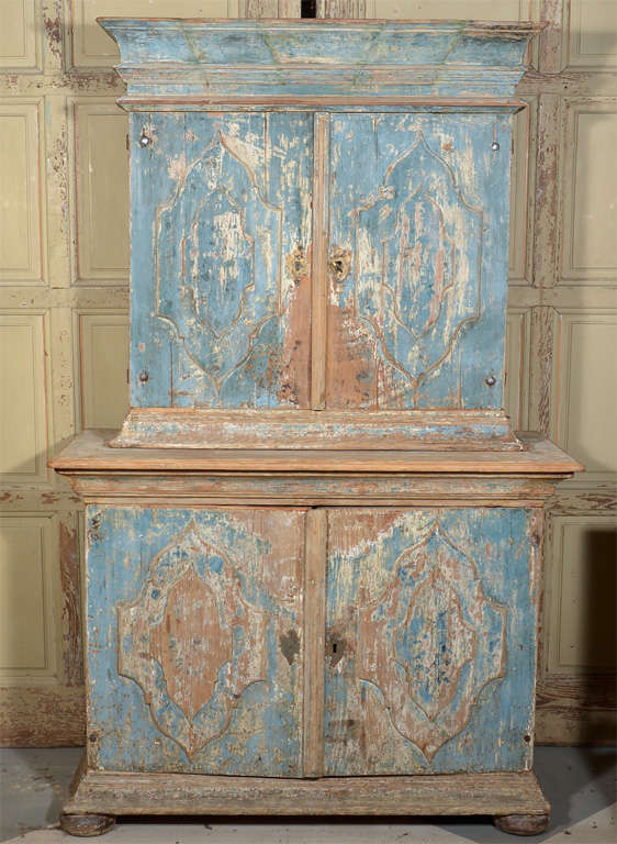 Beautiful Swedish Baroque cabinet in original blue paint.  Fabulous carving.  circa 1791