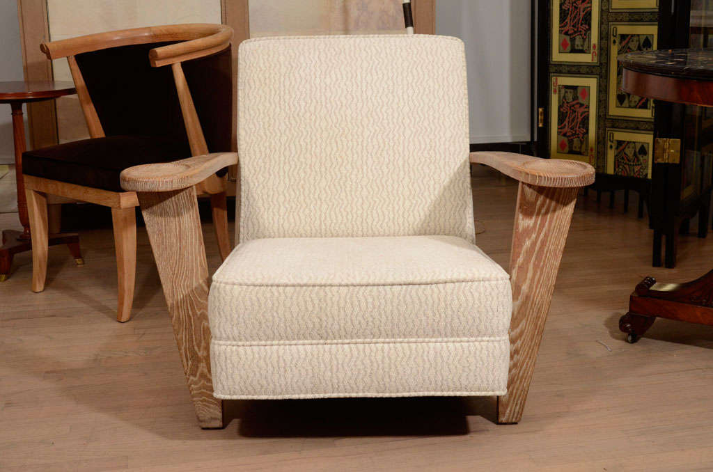 Vintage armchair by Atelier De Coene upholstered in wool/silk with limed oak frame.