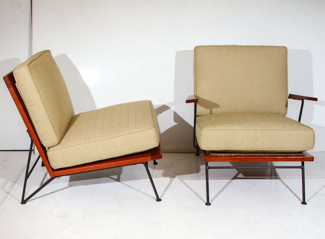 Pipsan Saarinen Swanson Sol-Air Lounge Chairs for Ficks-Reed.  One armless and one armchair, both with corded backs, wood and iron frames and newly upholstered cushions. 
 
Arm chair: 29.5”W x 32”D x 21”H x 11.5”SH
Armless chair: 23“W x 32“D x