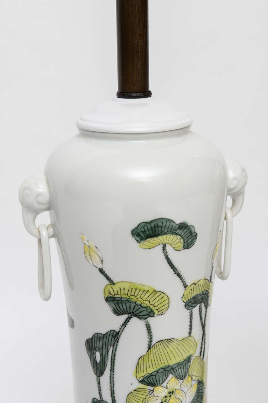 1960s Japanese Porcelain Lotus Flower Vase Form Table Lamps In Excellent Condition In Miami, FL
