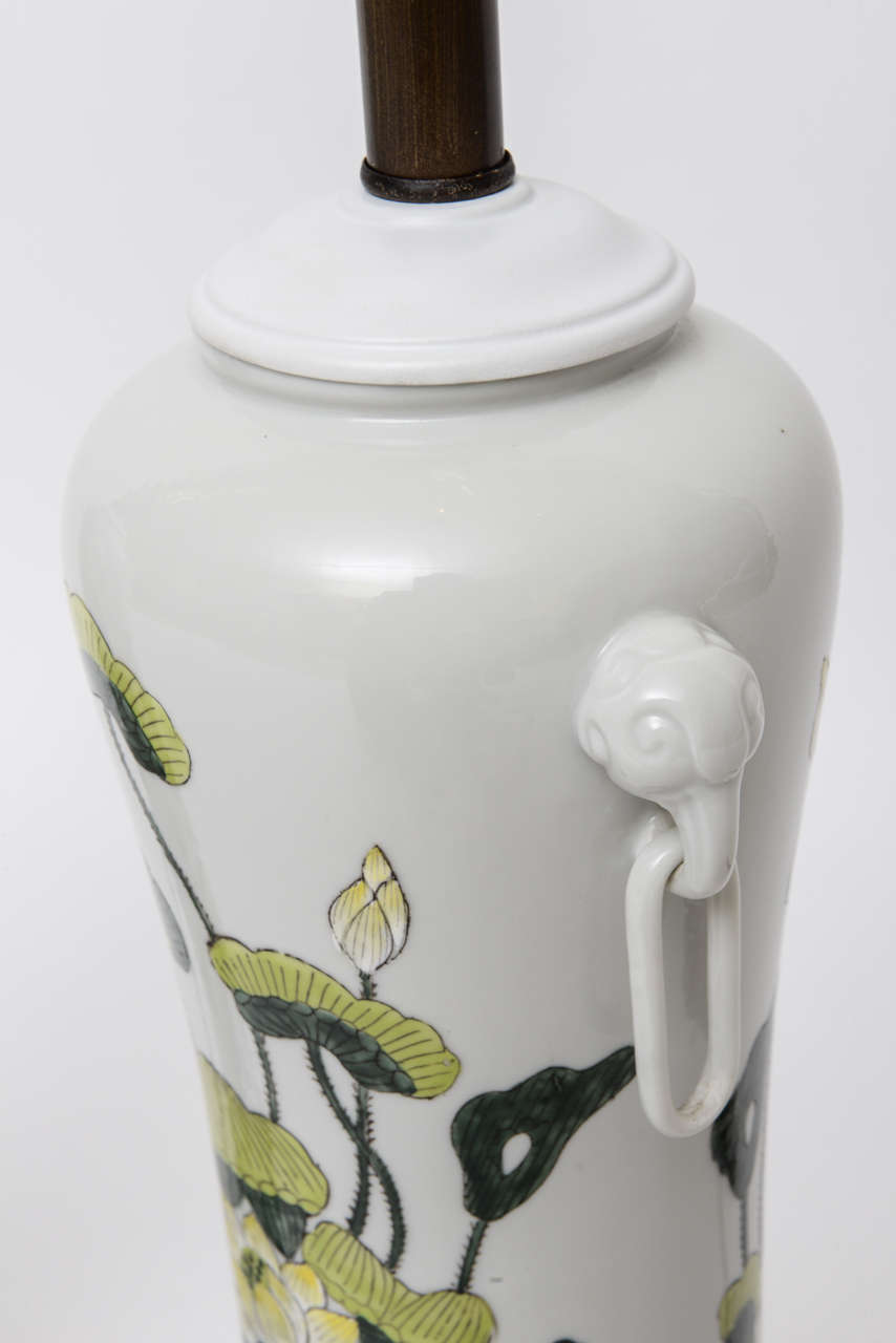 Brass 1960s Japanese Porcelain Lotus Flower Vase Form Table Lamps