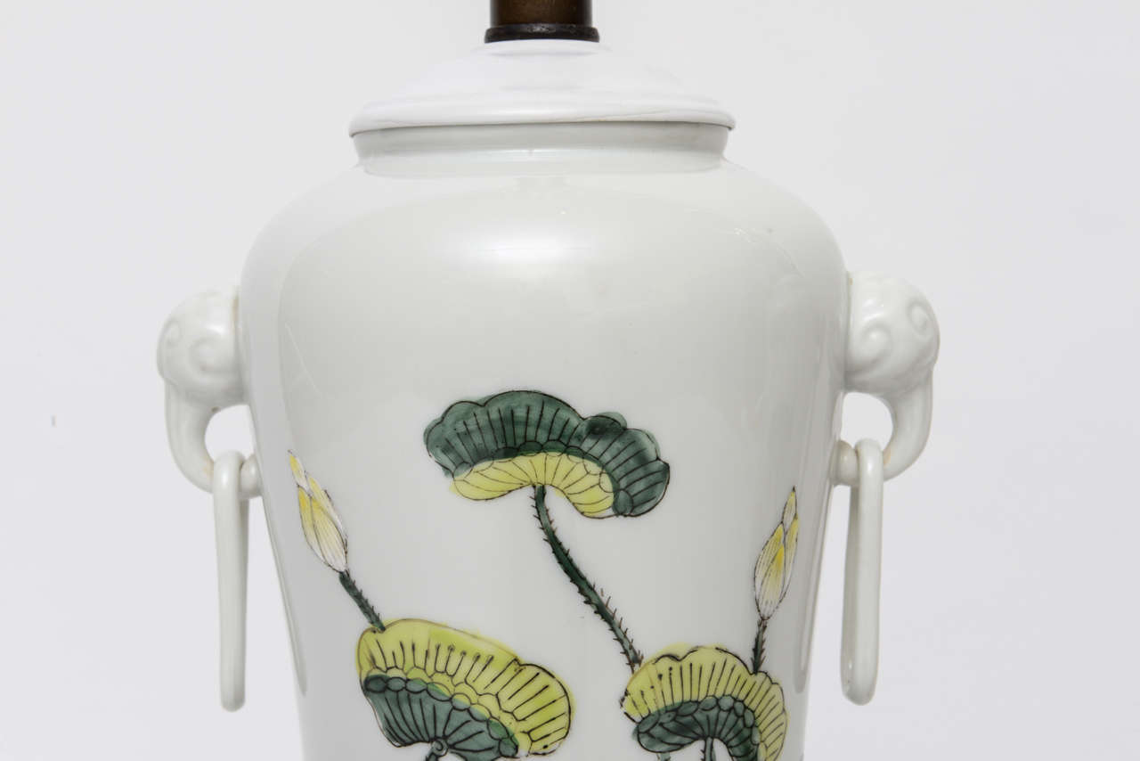 1960s Japanese Porcelain Lotus Flower Vase Form Table Lamps 1