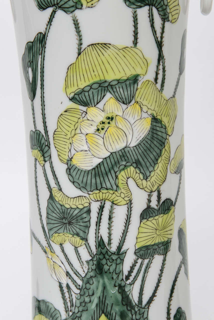 1960s Japanese Porcelain Lotus Flower Vase Form Table Lamps 2