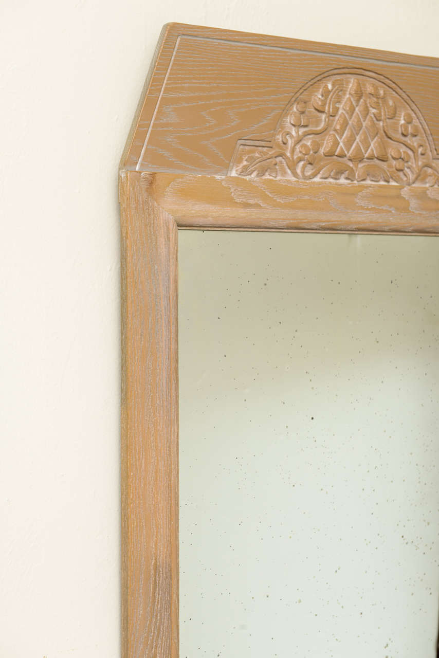 American 1940 Modern Arts & Craft Style Carved Cerused Oak Mirror by Jamestown Lounge Co.