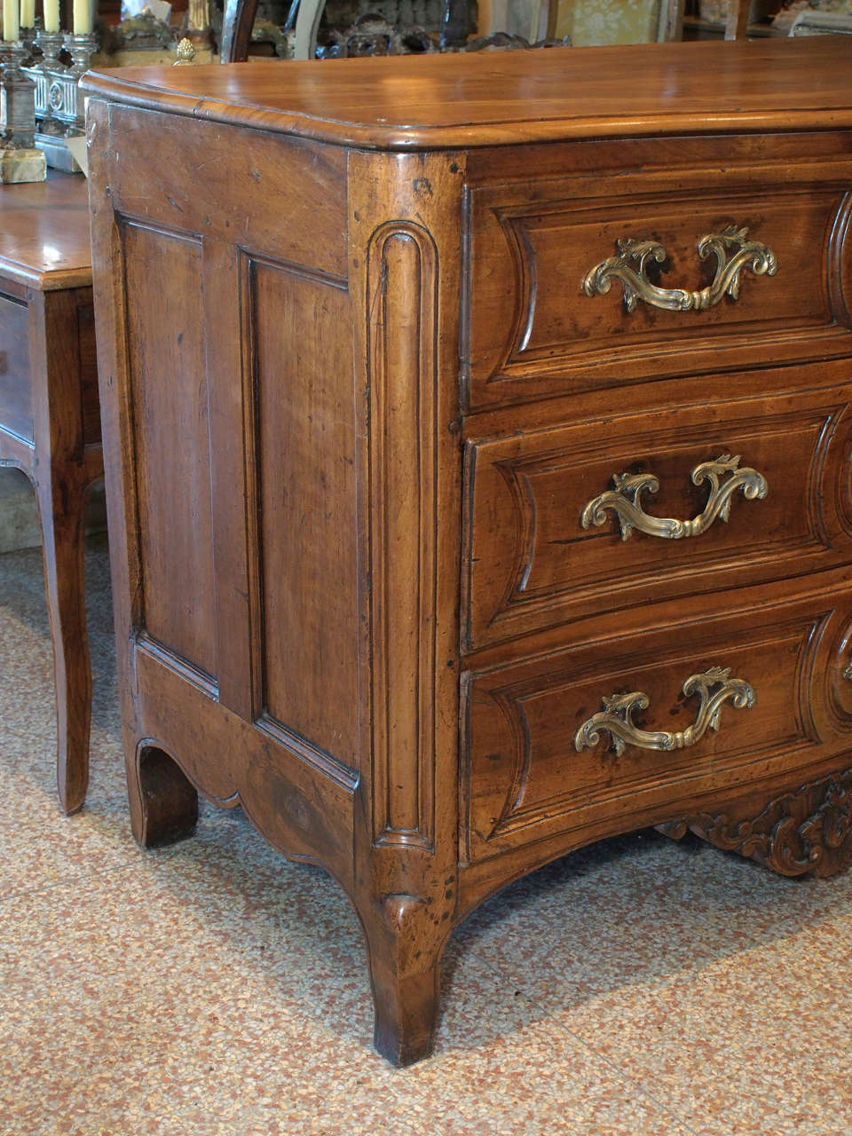 French Louis XV Carved Walnut Serpentine Commode For Sale