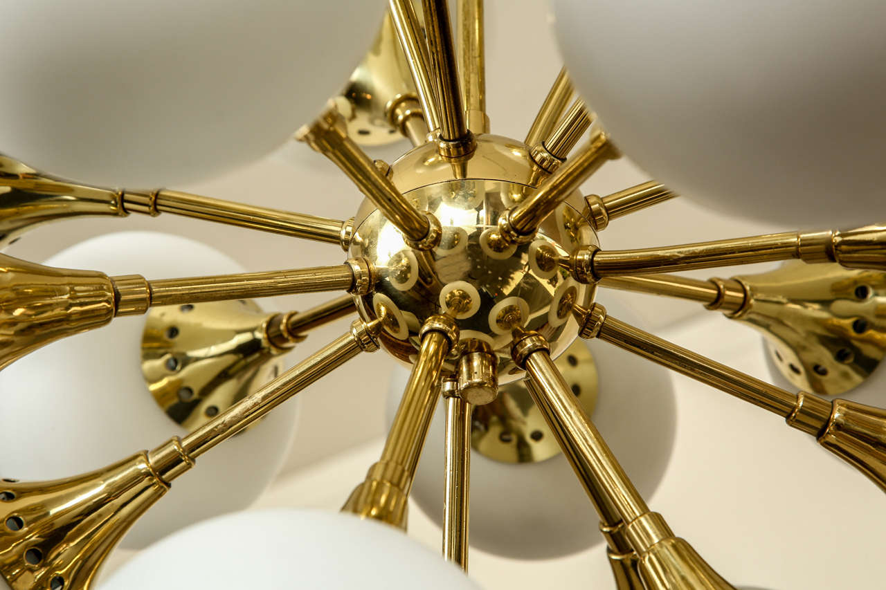 Fabulous brass sputnik chandelier with frosted glass globes. 2