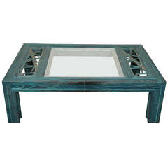 Beautiful Oak Coffee Table With Bamboo Carving And Glass Insert By James Mont