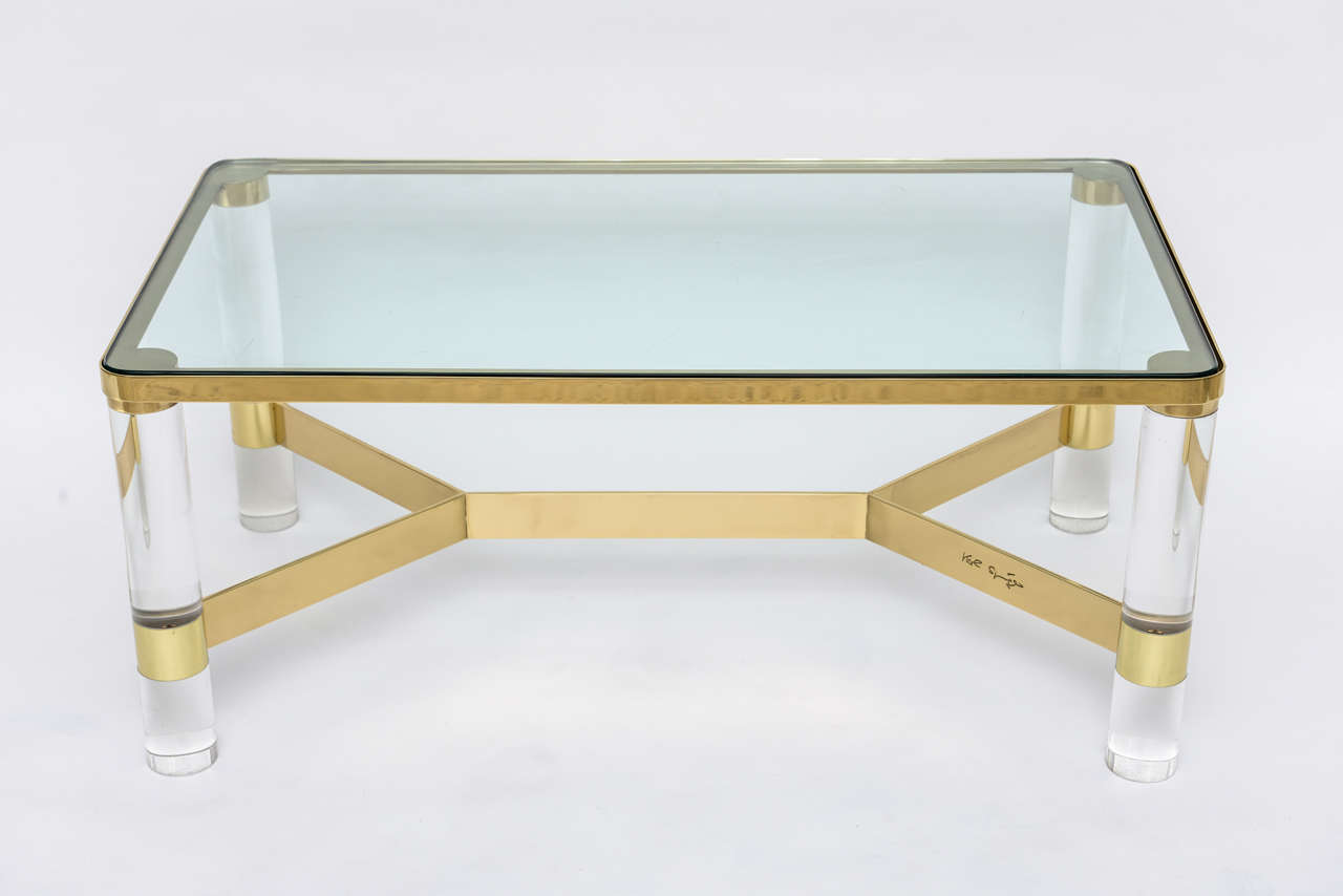 American Signed Karl Springer Lucite and Polished Bronze Coffee Table