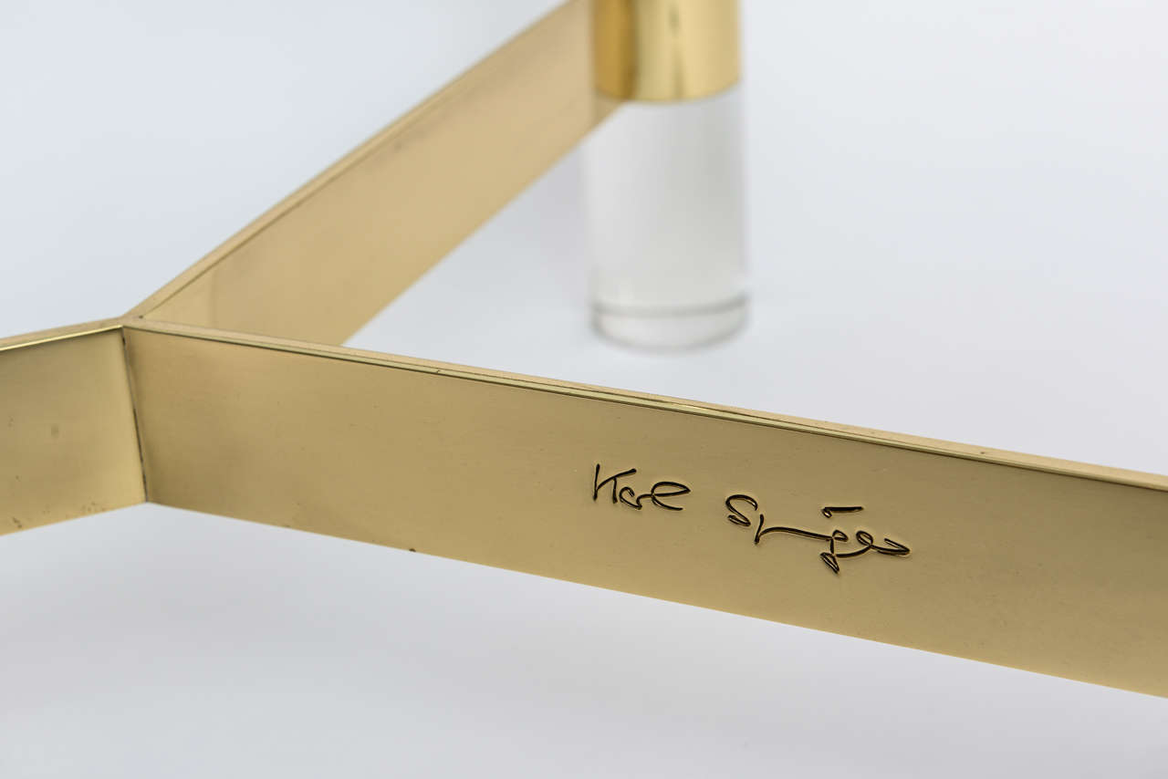 Signed Karl Springer Lucite and Polished Bronze Coffee Table In Good Condition In North Miami, FL