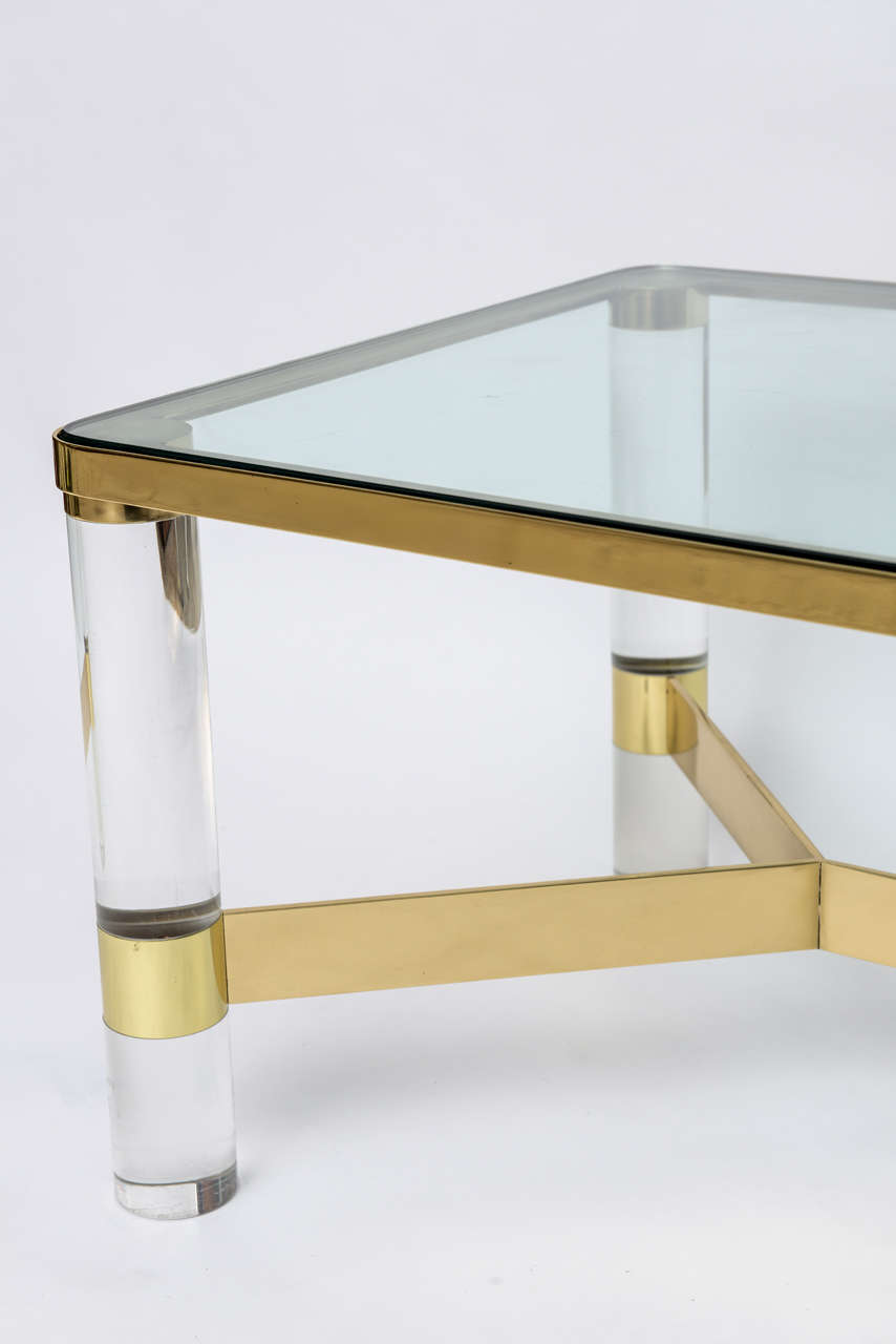 Signed Karl Springer Lucite and Polished Bronze Coffee Table 1