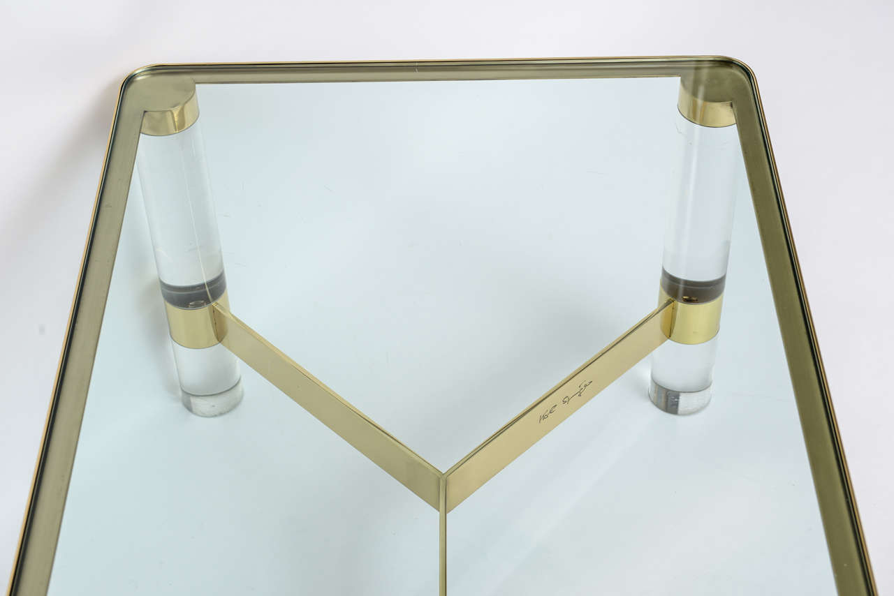 Signed Karl Springer Lucite and Polished Bronze Coffee Table 2
