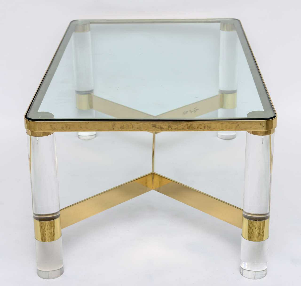 Signed Karl Springer Lucite and Polished Bronze Coffee Table 4