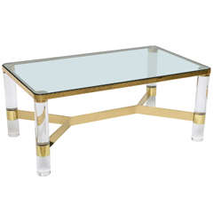 Signed Karl Springer Lucite and Polished Bronze Coffee Table