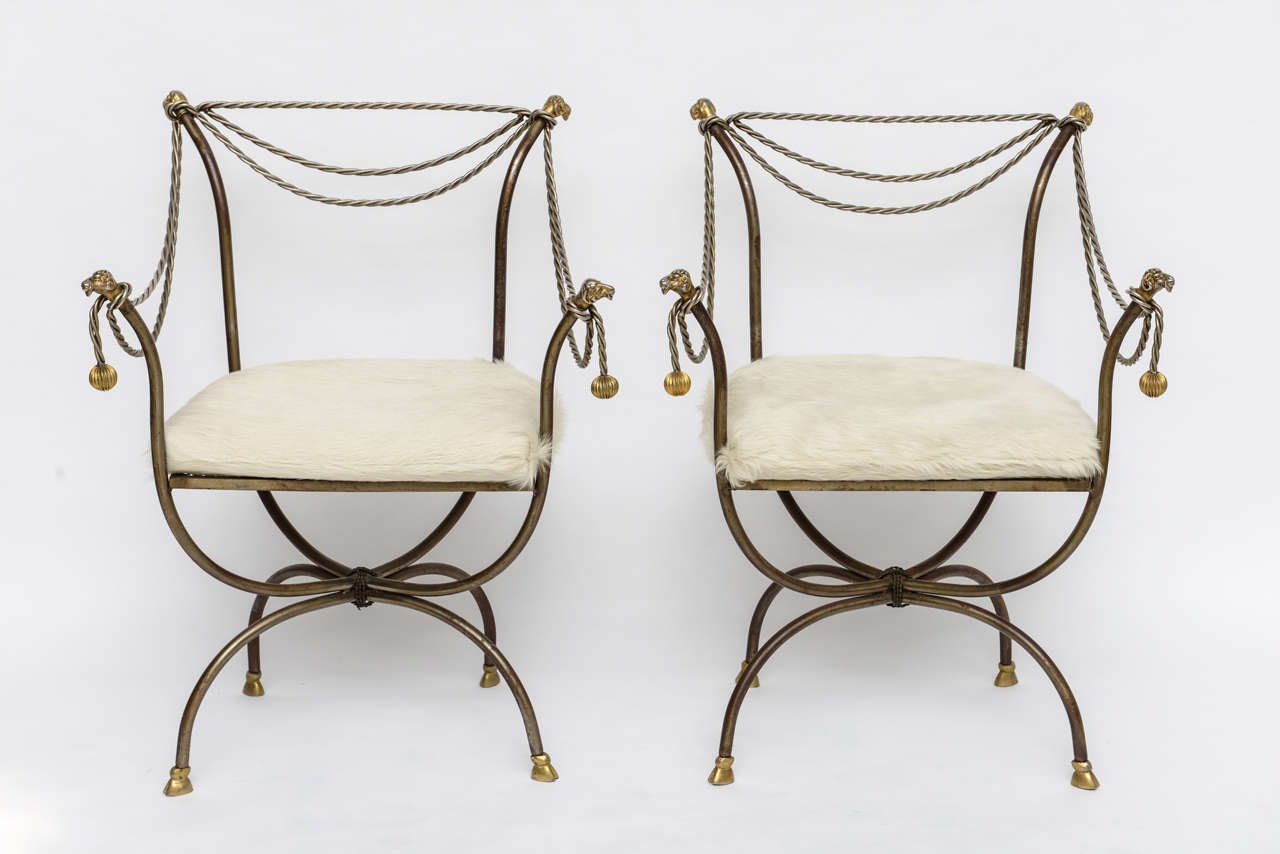 Hollywood Regency Pair of Steel and Brass Campaign Chairs