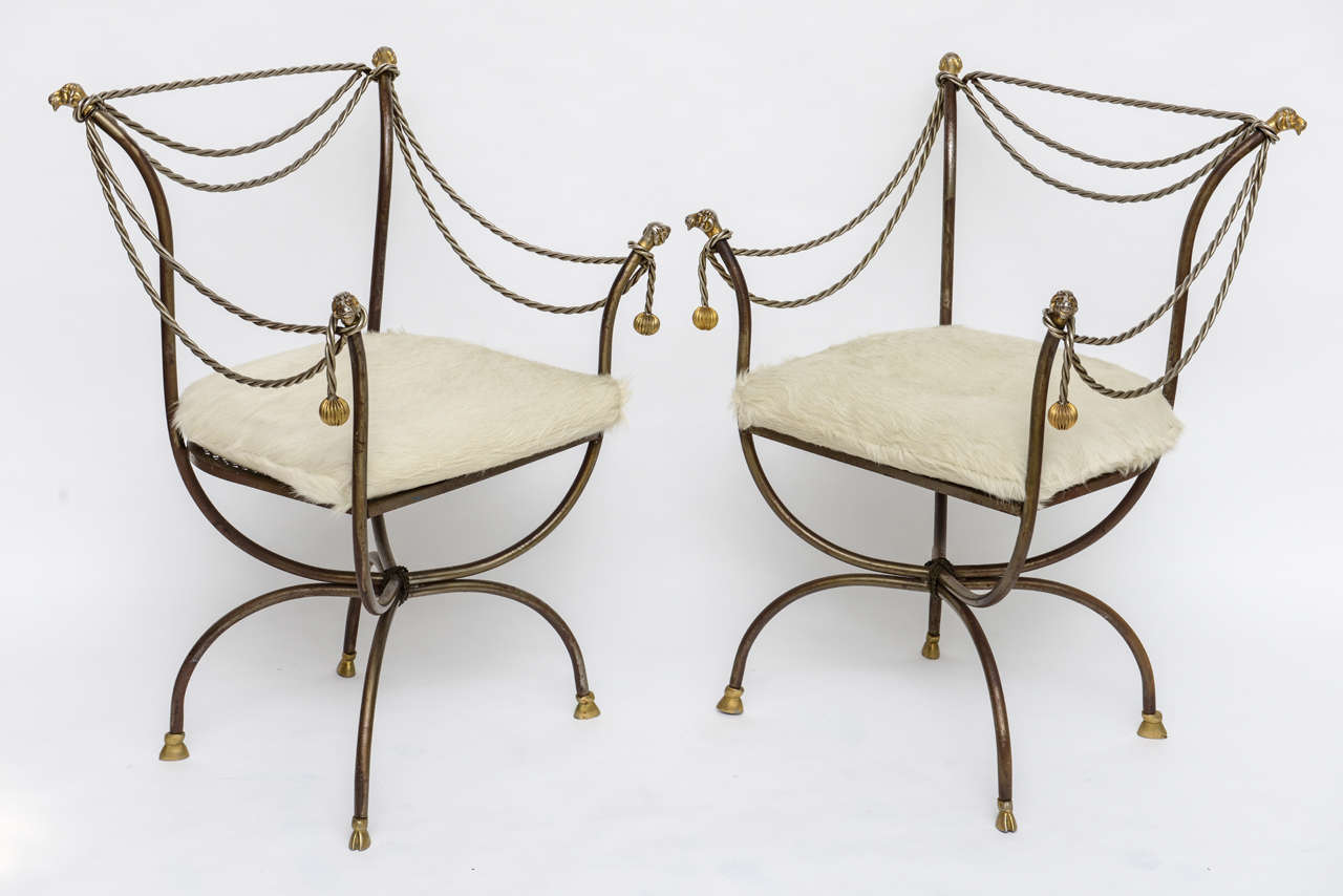 Italian Pair of Steel and Brass Campaign Chairs