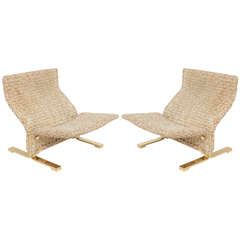 Pair of Macrame Woven Chairs with Solid Brass Bases by Saporiti