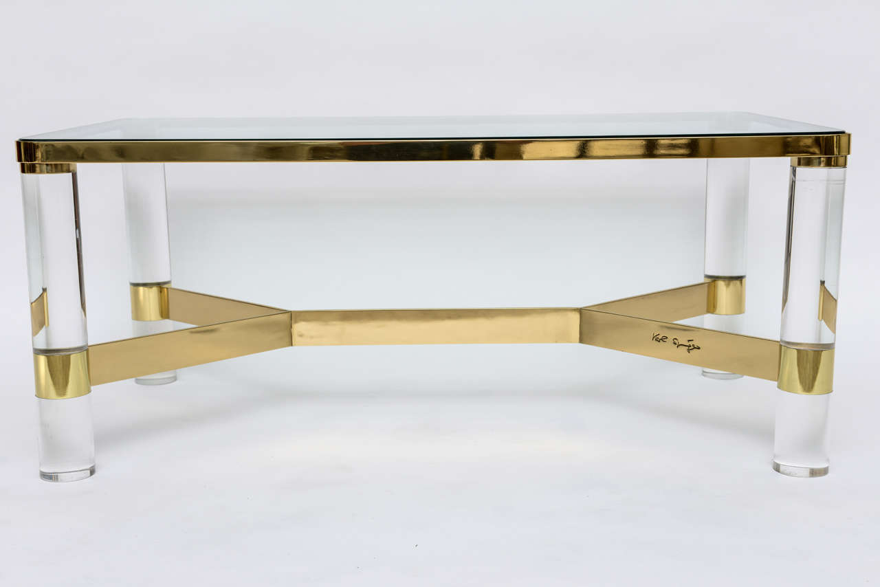 Signed Karl Springer Lucite and Polished Bronze Coffee Table at 1stDibs