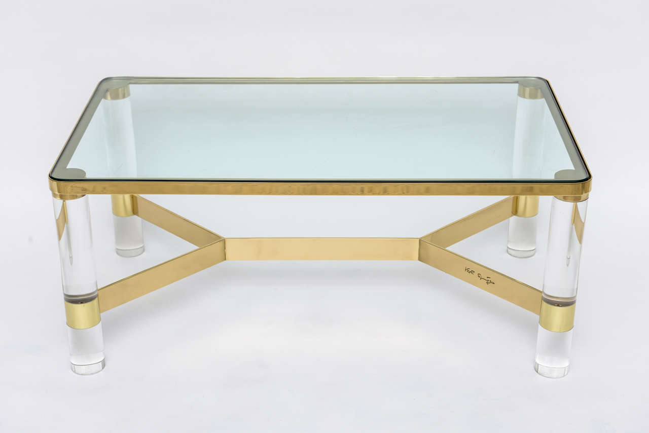Signed Karl Springer Lucite and Polished Bronze Coffee Table at 1stDibs
