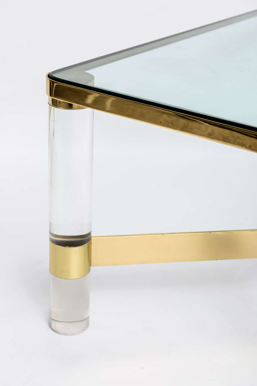 Signed Karl Springer Lucite and Polished Bronze Coffee Table at 1stDibs