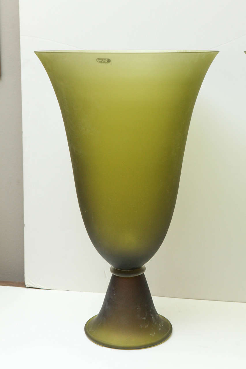 Italian Pair of Seguso Apple Green Vases