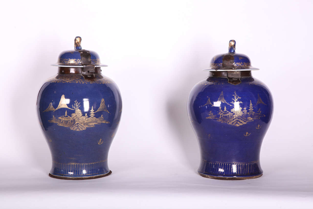 Pair of 18th Century Chinese Powder Blue, Gilt Decorated Jars