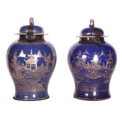 Pair of 18th Century Chinese Powder Blue, Gilt Decorated Jars