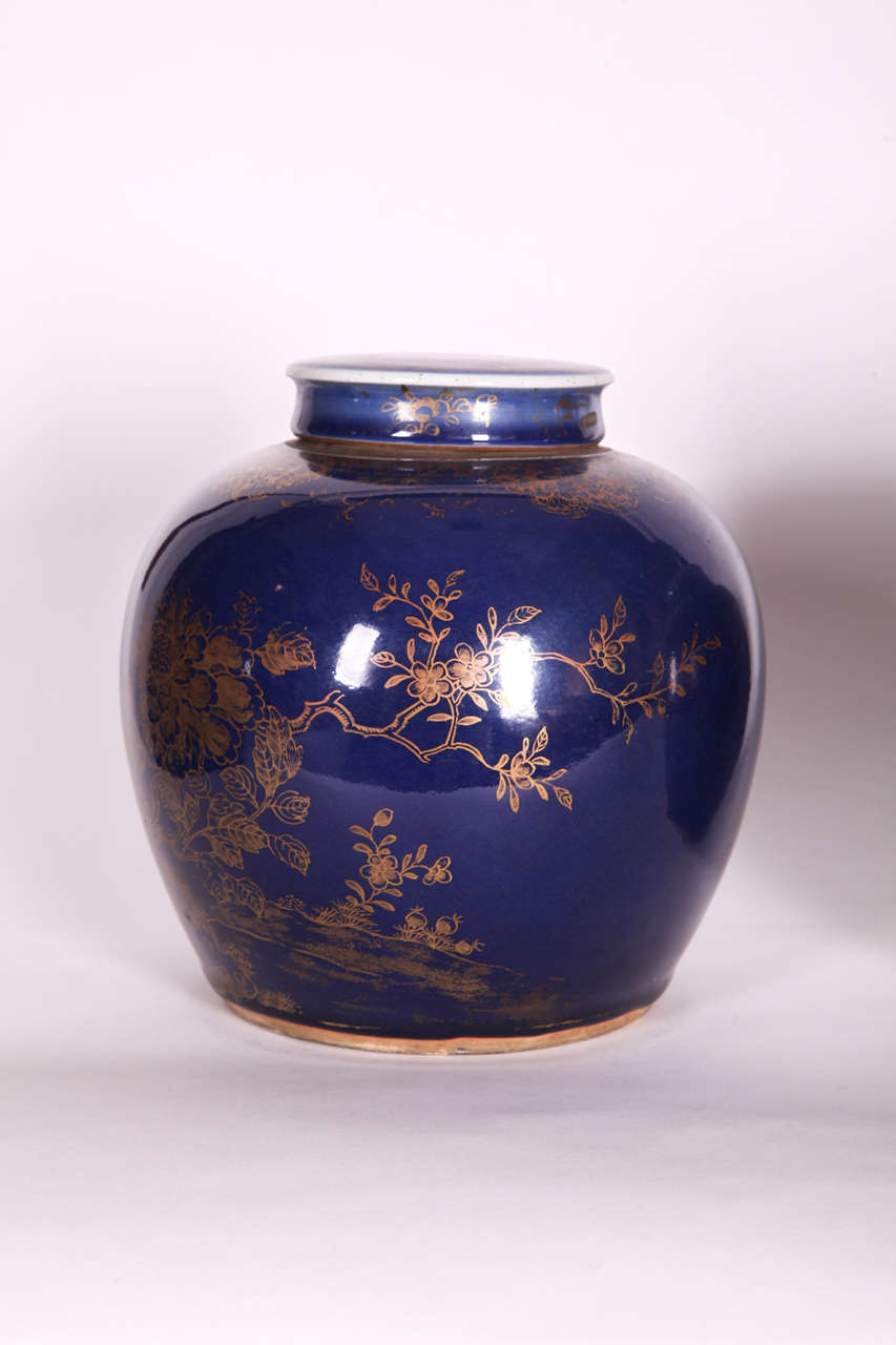 18th Century and Earlier Three Chinese Late 18th Century Blue-Glazed and Gilt Porcelain Ginger Jars For Sale