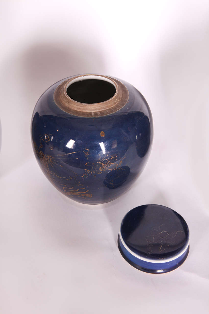 Three Chinese Late 18th Century Blue-Glazed and Gilt Porcelain Ginger Jars For Sale 1