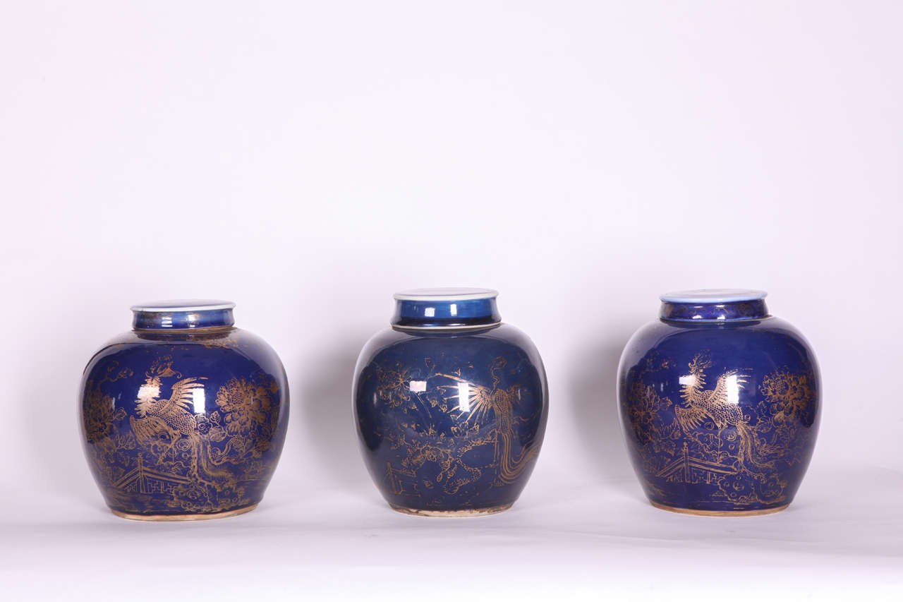 Three Chinese Late 18th Century Blue-Glazed and Gilt Porcelain Ginger Jars For Sale 3
