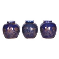 Antique Three Chinese Late 18th Century Blue-Glazed and Gilt Porcelain Ginger Jars