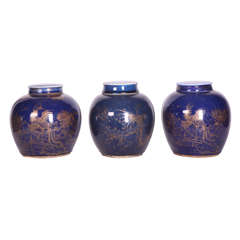 Three Chinese Late 18th Century Blue-Glazed and Gilt Porcelain Ginger Jars