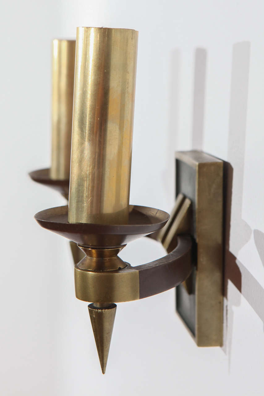 Brass Pair of French Modern Double Sconces For Sale