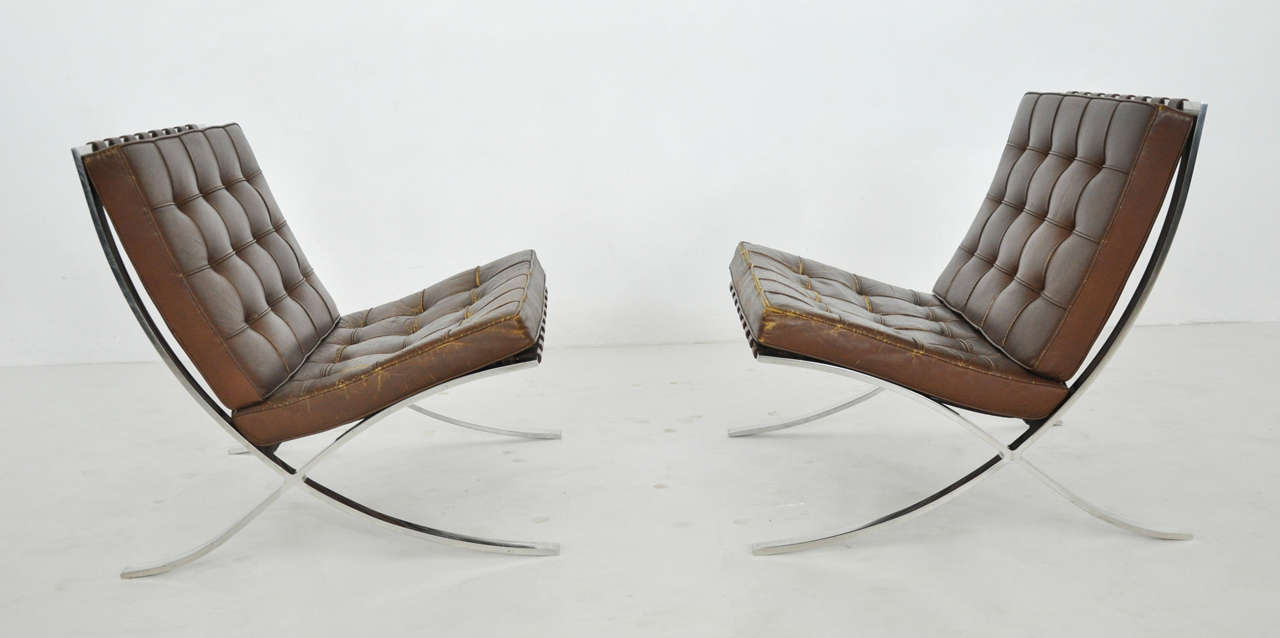 1960s pair of Mies van der Rohe Barcelona chairs. Early Knoll production.