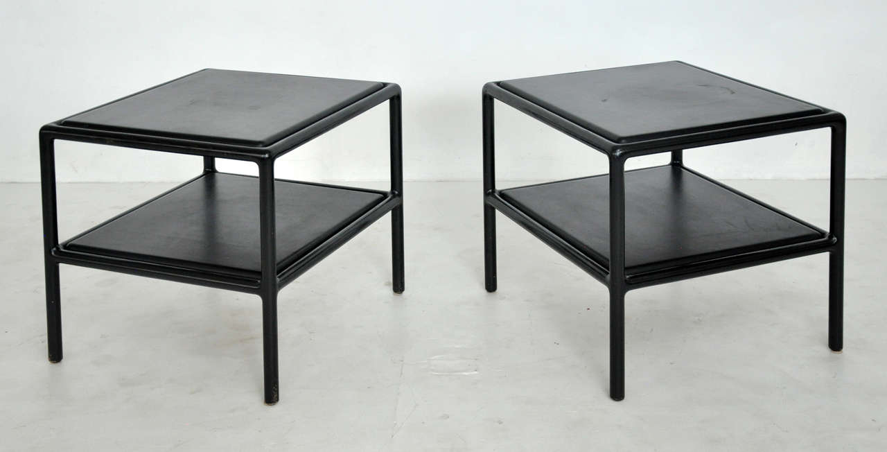 Lamp tables by Ward Bennett for Brickel. Ebonized wood frames with black leather surfaces.