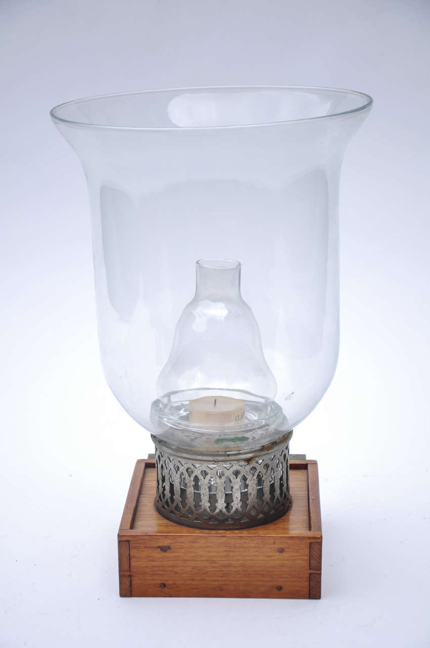 Four English Teak Base and Nickel-Plated Hurricane Candle Lights, circa 1900