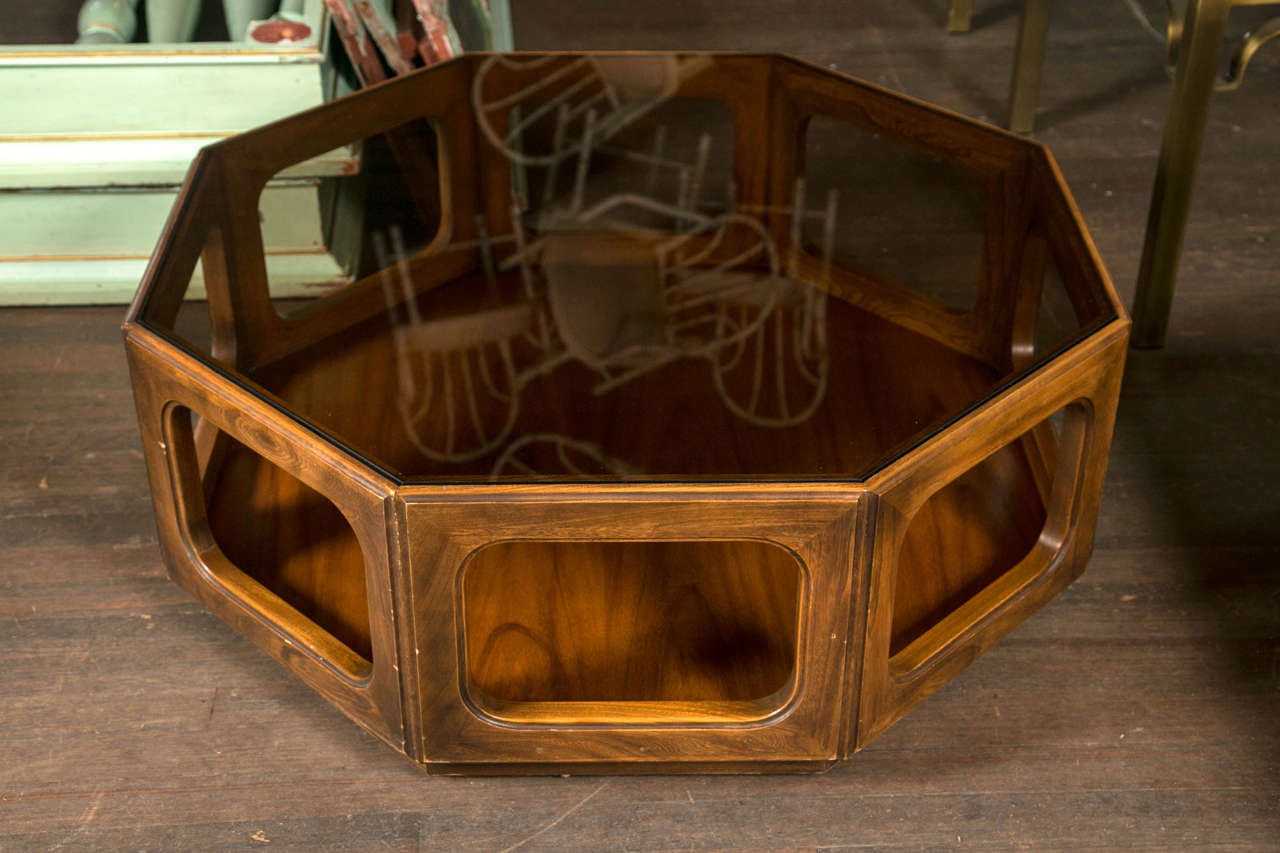 American Octagonal Midcentury Glass Top Coffee Table