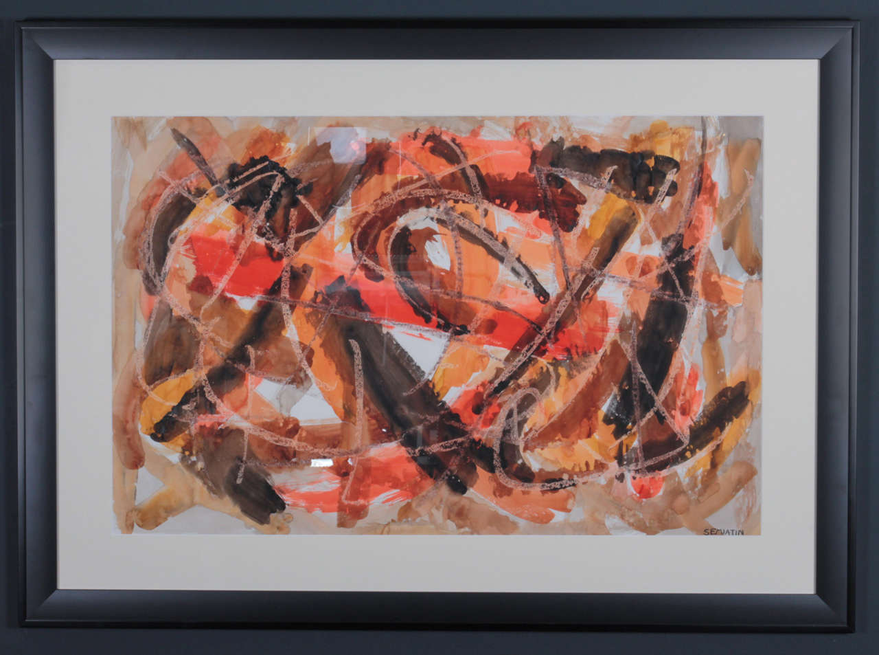 Mid Century Abstract Water Colour and Crayon study signed by the artist.